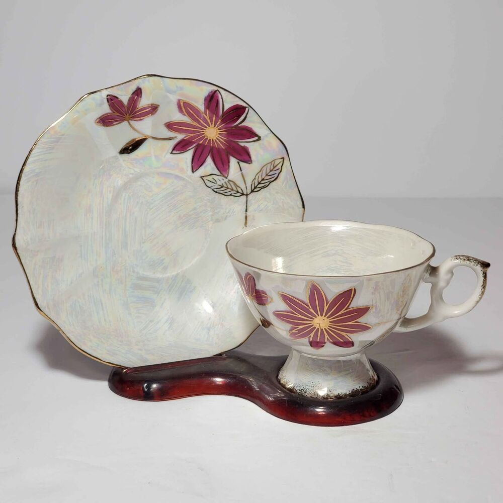 Nasco Teacup and Saucer Pink Flowers Opalescent Japan Vintage